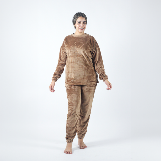 Pyjama Polaire d'Hiver Pour Femme - Marron - 2 pièces - Sweater - Pantalon