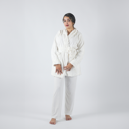 Pyjama d'hiver pour femme - Blanc - 2 pièces - Manteau - Pantalon
