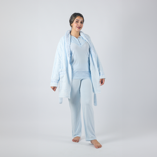 Pyjama d'hiver pour femme - Bleu Ciel - 3 pièces - Manteau - Sweater - Pantalon
